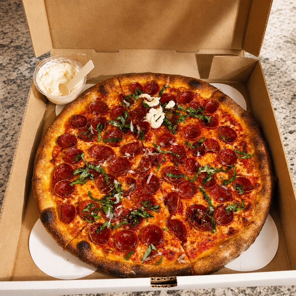 12" Pepperoni, Burrata & Hot Honey Pizza.